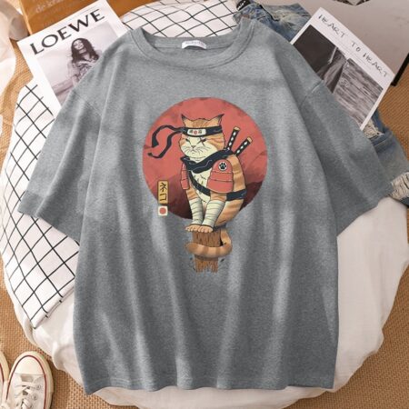 Camiseta con estampado de gato Ninja japonés para hombre, camisetas de manga corta de verano, camisetas Vintage de moda, ropa de calle Punk 3