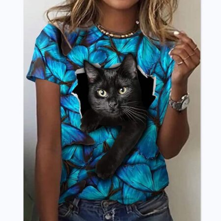 Camiseta con estampado 3D De gato del bosque para Mujer, remera De cuello redondo para Mujer, abrigo divertido, jersey De estilo Retro, Camisetas De Mujer 3