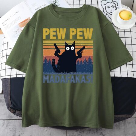 Camiseta Pew Madafakas para hombre, camisa con estampado de gatos negros, de gran tamaño, a la moda, Tops informales de manga corta 3