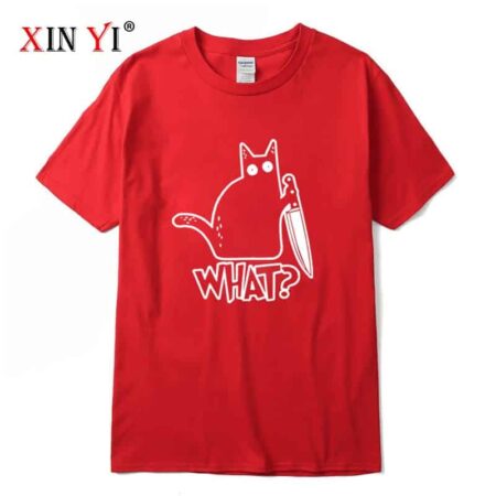 XIN YI-Camiseta de alta calidad para hombre, camisa 100% de algodón con estampado de gato y cuchillo, informal, holgada, con cuello redondo, tops 4