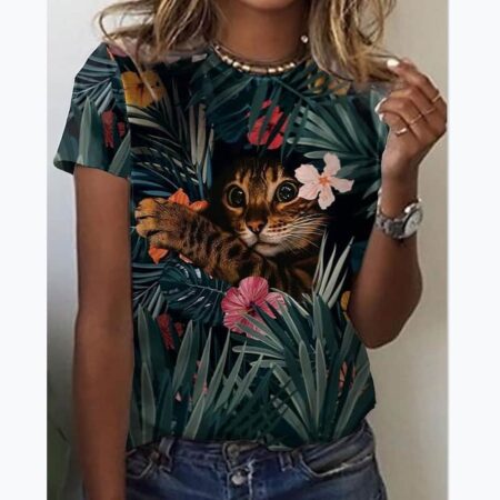 Camiseta con estampado 3D De gato del bosque para Mujer, remera De cuello redondo para Mujer, abrigo divertido, jersey De estilo Retro, Camisetas De Mujer 4