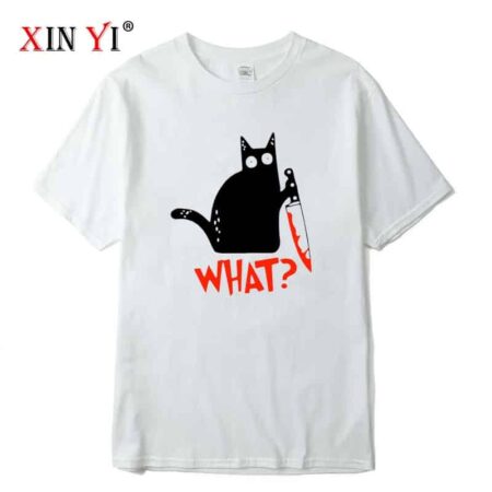 XIN YI-Camiseta de alta calidad para hombre, camisa 100% de algodón con estampado de gato y cuchillo, informal, holgada, con cuello redondo, tops 5