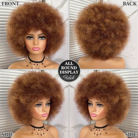 Pelucas Afro rizadas de pelo corto con flequillo para mujeres negras, pelo sintético africano, sin pegamento, Cosplay, Rubio Natural, rojo y azul 4