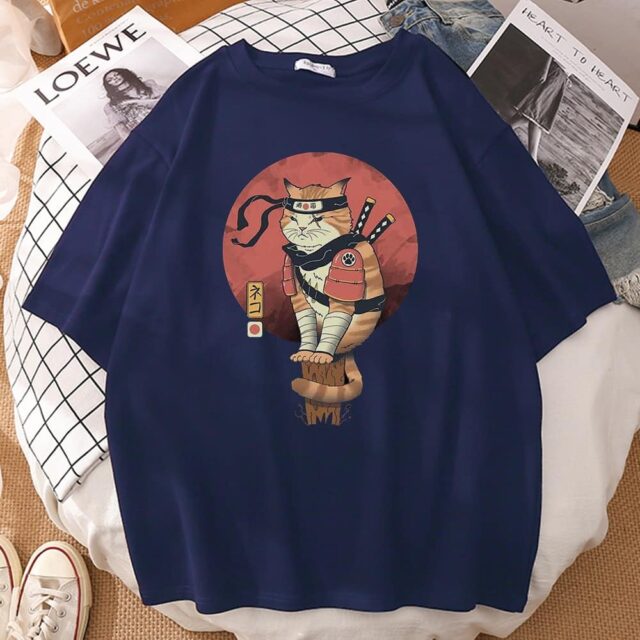 Camiseta Gato Ninja japonés color azul marino