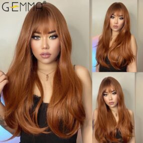GEMMA-Peluca de cabello sintético para mujer, cabellera artificial con flequillo largo y liso, color rojo, marrón, cobre y jengibre, para Cosplay, resistente al calor