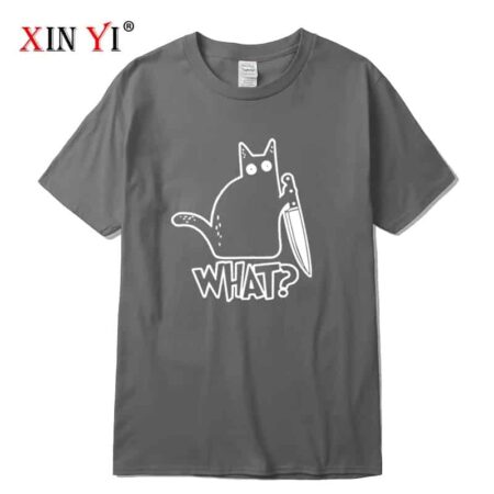 XIN YI-Camiseta de alta calidad para hombre, camisa 100% de algodón con estampado de gato y cuchillo, informal, holgada, con cuello redondo, tops 2