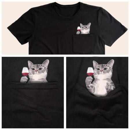 CLOOCL-Camiseta con bolsillo para hombre y mujer, camisa con estampado 3D de gato, de algodón, divertida, negra, de verano 3