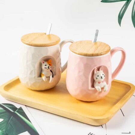 Taza de cerámica con tapa y cuchara para alivio de animales, taza con mango para café, leche y té, regalos novedosos, 430ml