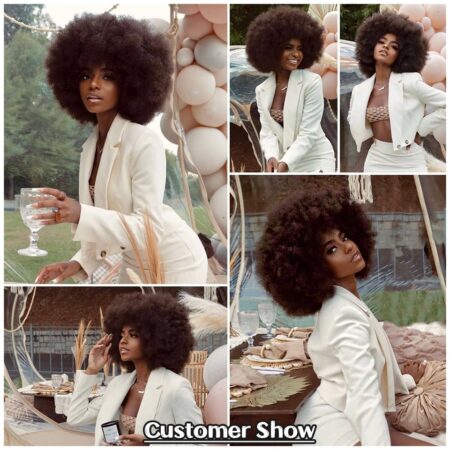 Pelucas Afro rizadas de pelo corto con flequillo para mujeres negras, pelo sintético africano, sin pegamento, Cosplay, Rubio Natural, rojo y azul 3