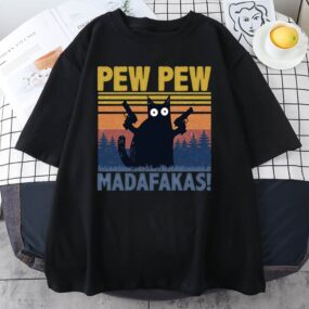 Camiseta Pew Madafakas para hombre, camisa con estampado de gatos negros, de gran tamaño, a la moda, Tops informales de manga corta