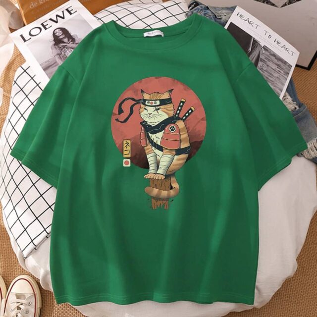 Camiseta Gato Ninja japonés color verde