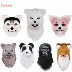Máscara de cabeza de zorro con boca movible Cosmask, Animal, Panda, Tigre, Husky, orangután de piel Artificial para fiesta de disfraces de Halloween