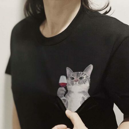 CLOOCL-Camiseta con bolsillo para hombre y mujer, camisa con estampado 3D de gato, de algodón, divertida, negra, de verano 2