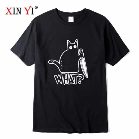 XIN YI-Camiseta de alta calidad para hombre, camisa 100% de algodón con estampado de gato y cuchillo, informal, holgada, con cuello redondo, tops