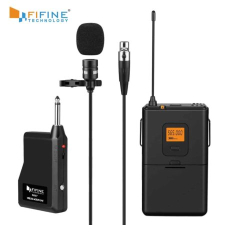 Fifine-Micrófono de solapa inalámbrico con transmisor de petaca, sistema de transmisión de voz UHF de 20 canales, mini micrófono con pinza, transmisor de cuerpo y receptor portátil