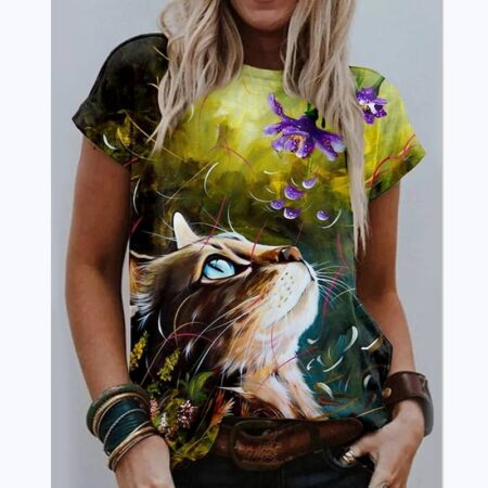 Camiseta con estampado 3D De gato del bosque para Mujer, remera De cuello redondo para Mujer, abrigo divertido, jersey De estilo Retro, Camisetas De Mujer 5