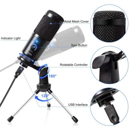 Micrófono USB de condensador D80, dispositivo de grabación con soporte y anillo de luz para PC, Karaoke, Streaming, Podcasting, Youtube 4