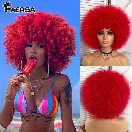 Pelucas Afro rizadas de pelo corto con flequillo para mujeres negras, pelo sintético africano, sin pegamento, Cosplay, Rubio Natural, rojo y azul 2