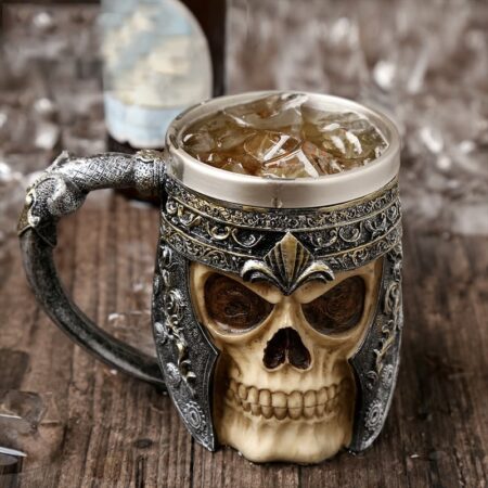 Taza de cerveza de resina de cráneo de cuerno Retro, jarra de acero inoxidable de calavera de caballero, taza de café de Halloween, taza de té Vikingo, decoración de Pub y Bar 2