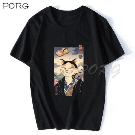 Camiseta de NEKO RAMEN UKIYO-E para Hombre, camisa de Anime de gato japonés, Estética de algodón, Vintage, ropa de calle Harajuku, 2021 2